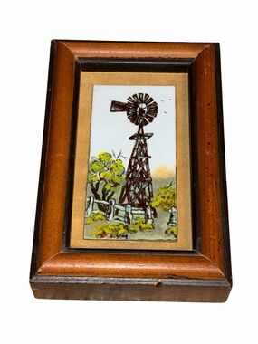 Miniature Framed Windmill Mixed Media Wall Art - Brown and Green